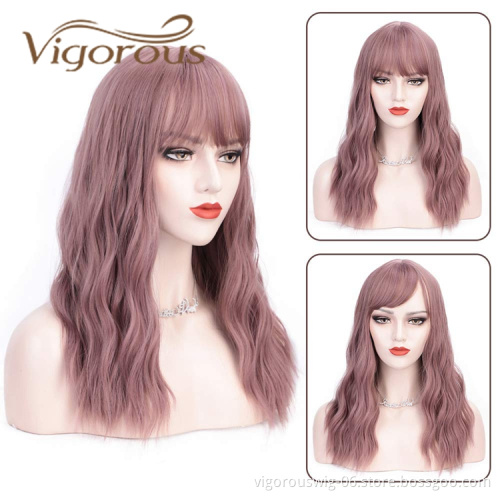 Vigorous Hot Selling Cheap Price Long Body Wave With Neat Bangs Pink High Temperature Fiber For Black Women Synthetic Hair Wigs